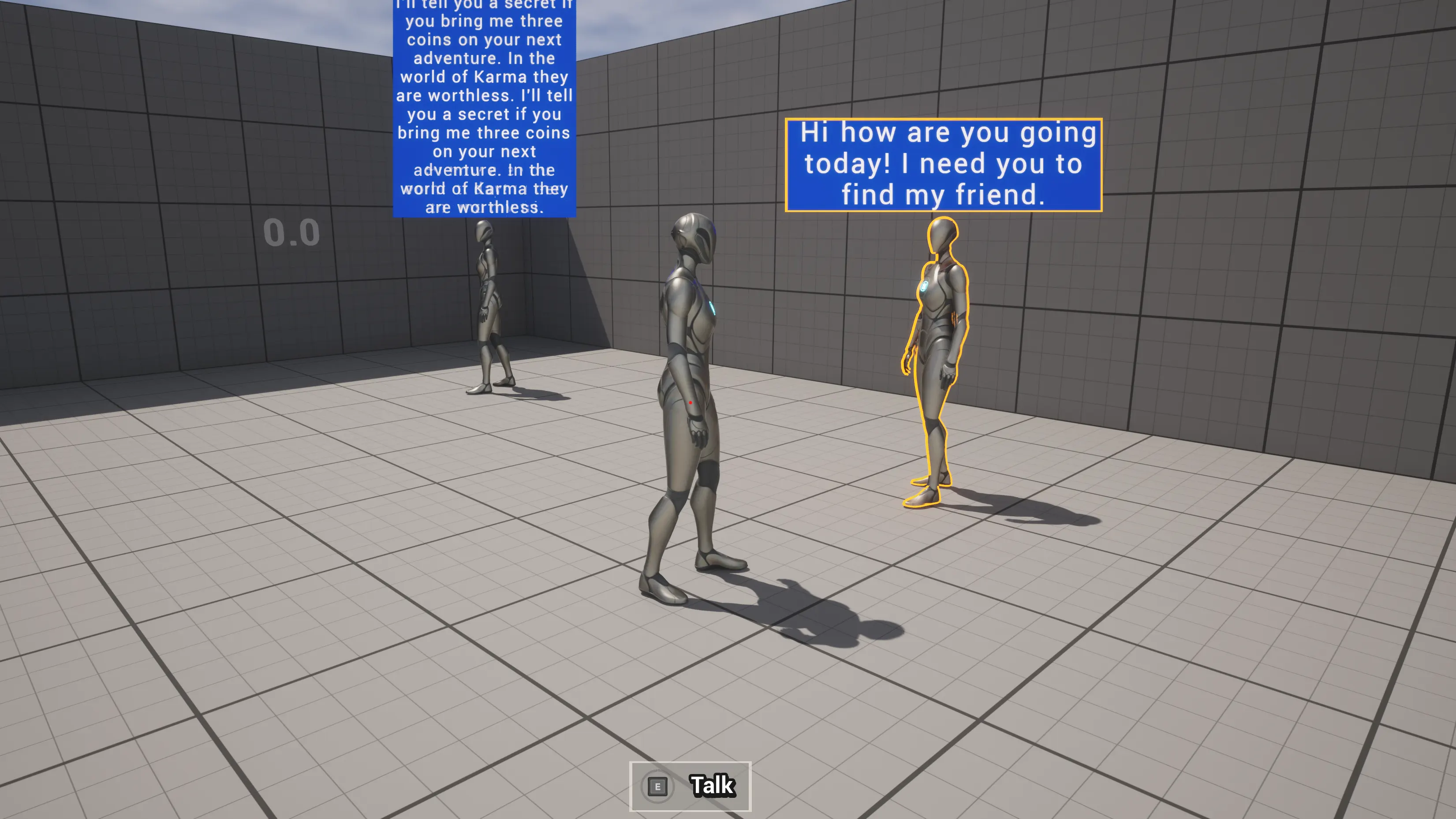 A low poly Character looking at a weapon on the ground, a floating UI element is above it
showing the player that they can pick up the
weapon.