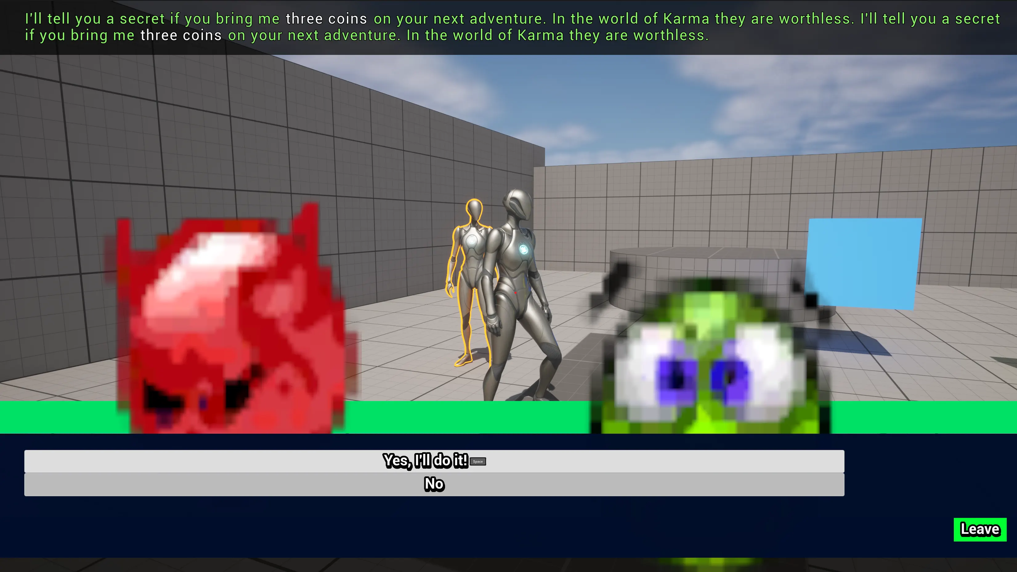 A low poly Character looking at a weapon on the ground, a floating UI element is above it
showing the player that they can pick up the
weapon.